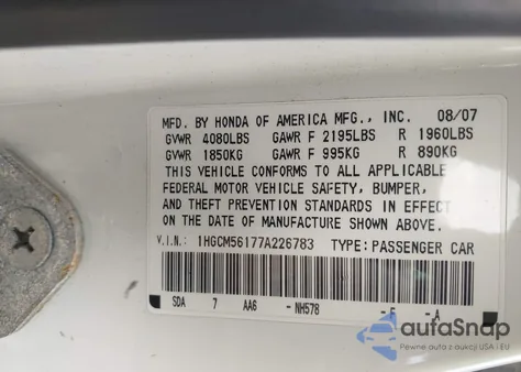 2007 Honda Accord 2.4 Vp z USA, uszkodzony, nr VIN 1HGCM56177A226783